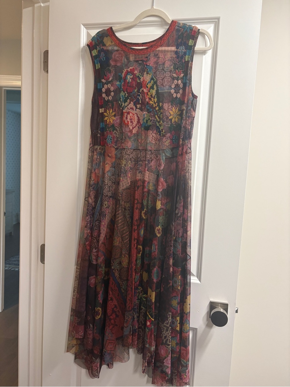 Johnny Was Multicolor Floral Mesh Maxi Dress with Red Trim